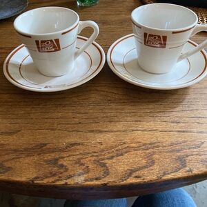 Fox White Ceramic Coffee Cup & Saucer Set with Brown Trim (Pair)